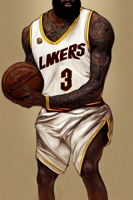 Prompt: male cottagecore nba LeBron Raymone James Sr holding a basketball, intricate, swagger, highly detailed, digital painting, artstation, concept art, smooth, sharp, focus, illustration, art by artgerm and greg rutkowski and alphonse mucha
