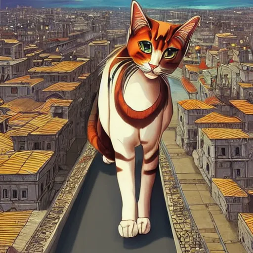 Prompt: gigantic cat walking on ancient city, very detailed fine art, top of pinterest, trend of artistation, style of ilia kuvshinov