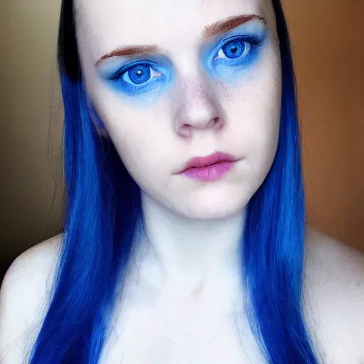 Image similar to a pale girl with piercing blue eyes and blue hair, soft facial features, looking directly at the camera, neutral expression, instagram picture