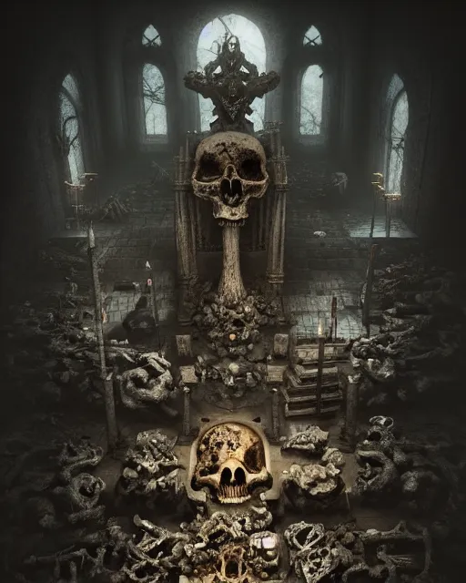 Image similar to full color, low ultrawide interior shot of sedlec ossuary, bones, anime style mixed with fujifilm, dark, foggy, atmospheric, artstation, cgsociety, octane render, cgi, denoise, detailed, cinematic masterpiece