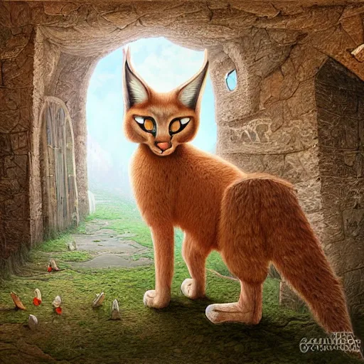 Image similar to cute fluffy caracal in ancient greek town, a beautiful landscape by gediminas pranckevicius