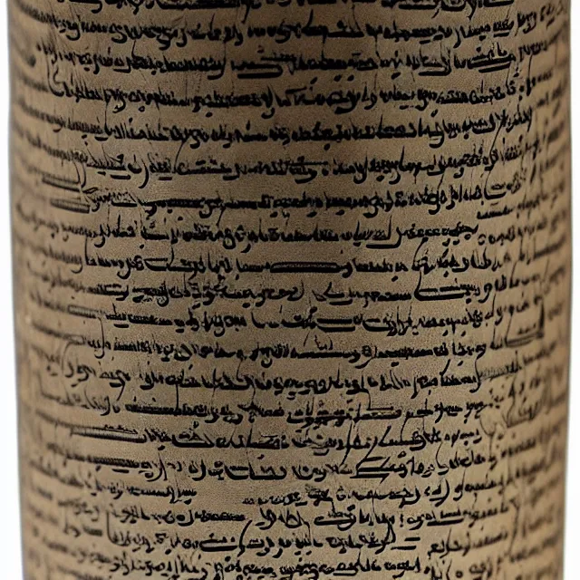 Image similar to a full realistic photo of a tall and thin cylindrical clay dead sea scroll jar with two sentences of nabatean aramaic, dark, brooding, atmospheric, volume lighting