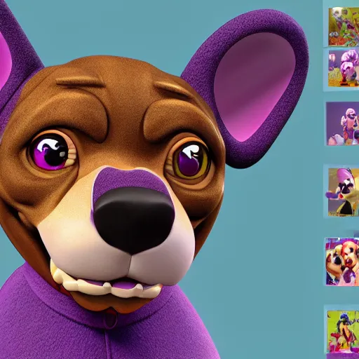 Image similar to an 3d render of a purple dog character, in the style of disney, pixar, mixed media collage, highly detailed, 8k resolution