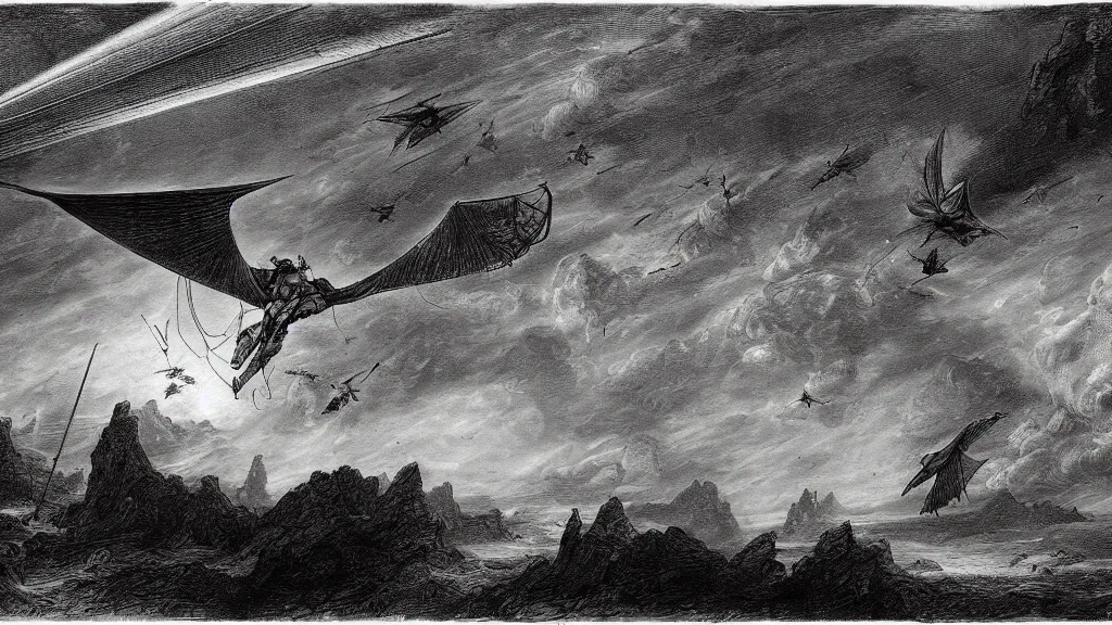 Image similar to drawing of an ornithopter flying toward a desert storm, by gustave dore, nineteenth century, black and white, vintage, science fiction, epic composition, dramatic lighting, highly detailed, cinematic