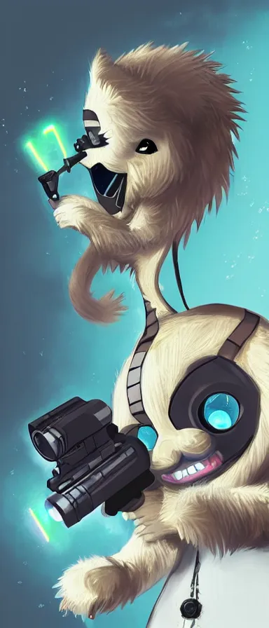 Image similar to “ furry monster character holding laser gun, floating alone, with a black dark background, digital art, award winning, trending on art station ”