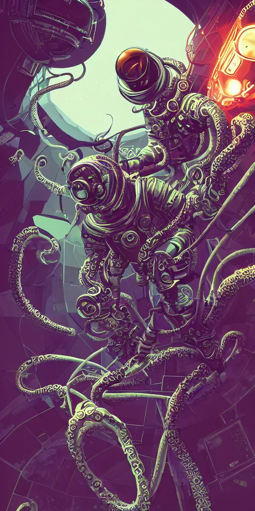 Image similar to eldritch astronaut with tentacles, retrofuturism, atompunk, dynamic composition, dramatic lighting, hyperrealistic, ultra detailed, nitro colors