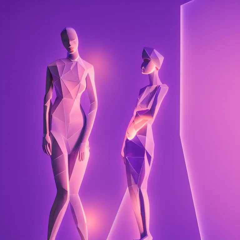 Prompt: beautiful mannequin sculpted out of amethyst by billelis + lit with 3 d geometric neon + doorway opening with neon pink geometric light + hosta flowers!!!, moon in background!!!!!!, rule of thirds, clean linework, dramatic, award winning, 4 k, trending on artstation, photorealistic, volumetric lighting, octane render