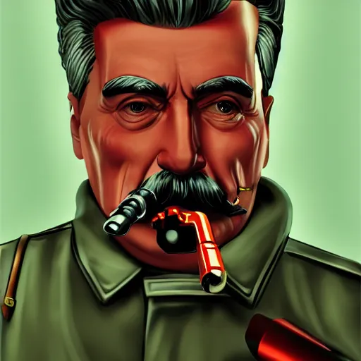 Image similar to cyberpunk joseph stalin smoking a pipe as the leader of a futuristic communist society, cybernetics, sharp lines, digital, artstation, colored in