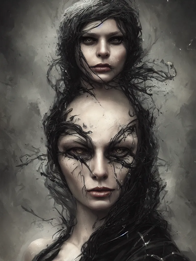 Image similar to a hardcore portrait of a dark sombre woman, hyperrealistic, highly detailed, intricate, sci-fi, sharp focus, trending on Artstation HQ, deviantart, unreal engine 5, 4K UHD image, in the style of Tom Bagshaw, Cedric Peyravernay, Peter Mohrbacher