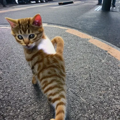 Prompt: cat waiting for the bus, photo, train station, pic of a kitten