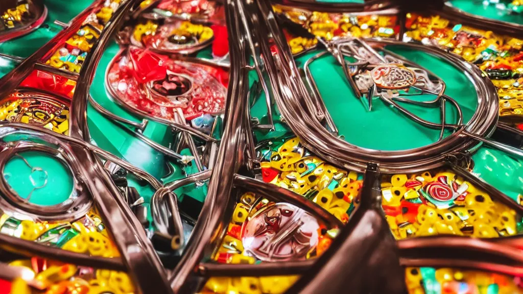 Prompt: up-close shot of a pachinko machine and hands, anime style, yellow red green and brown