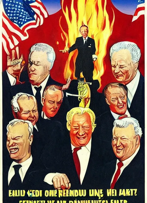 Image similar to yeltsin president in hell, devils and sinners, advertising in the style of american art of the 1 9 5 0 s in color