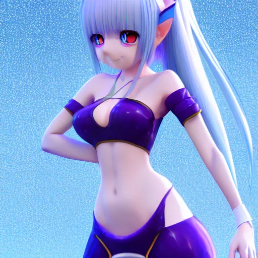 Prompt: Render of a very beautiful 3d anime girl, elf girl, full body, long silver hair purple tips, azure blue eyes, full round face, low poly backgrouns with vibrant colors, short smile, medium shot, mid-shot, cinematic lightning, high detail, artstation