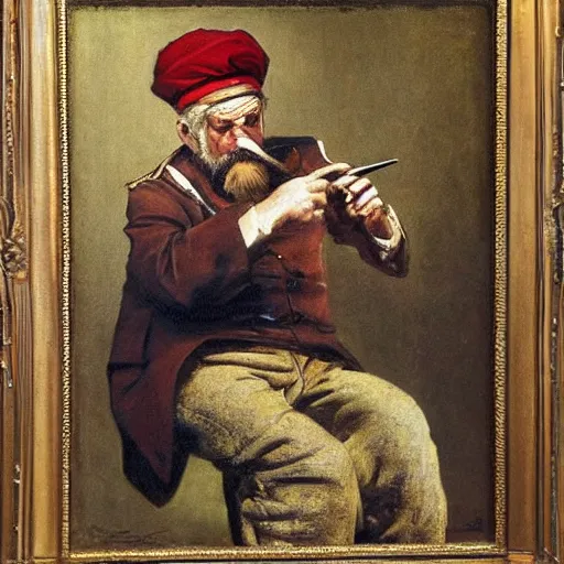 Image similar to painting of sailor hobo hyperrealism vasily vereshchagin with smoking pipe