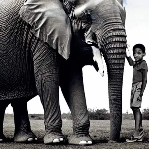 Prompt: a highly detailed photo by annie leibowitz of a small boy standing next to an elephant with an extremely long trunk