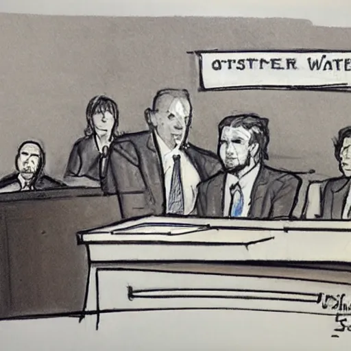 Prompt: water - pipe testifying in court, courtroom sketch