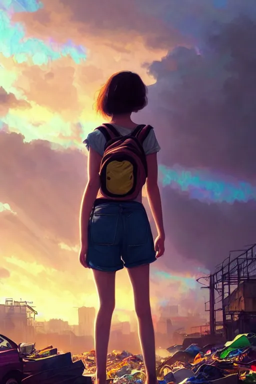 Image similar to beauty teenage girl minishort with backpack looking at food at garbage dump, destroyed cars, city is pure wasteland, moody sunset background, rays of sunlights, ( ( ( rainbow ) ) ), high details, sharp, photorealism, cinematic, greg rutkowski, alphonse mucha, trending on artstation, artgerm, unreal engine, highly detailed