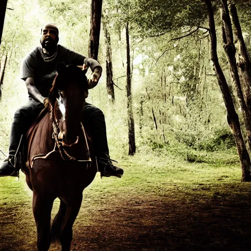 Image similar to Kanye West riding a horse in the forest, 35mm, photorealistic, studio light, noire