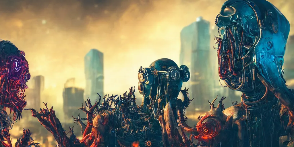 Prompt: a cyberpunk chtulhu creature arguing with another, closeup, fallout 5, studio lighting, deep colors, apocalyptic setting, vertically mirrored city in background