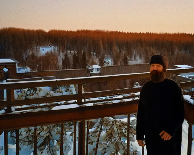 Prompt: 4 0 years russian man with beard and sweater standing on small hrushevka 9 th floor balcony in taiga looking at sunset, award - winning lomographic tarkovsky film still, kodak ektar, bokeh