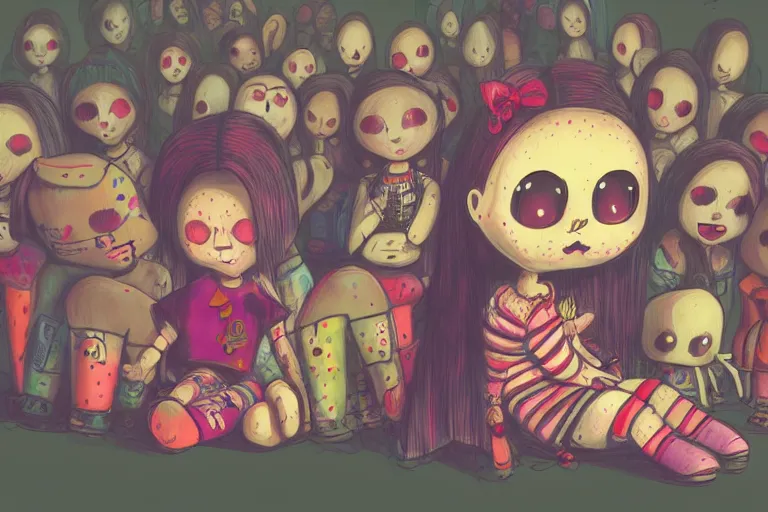 Prompt: cell shaded cartoon of a sad patchwork doll sitting alone in a crowd, loud colors, post grunge, concept art, highly detailed, sharp focus, trending on artstation, hq, deviantart, japanese gothic