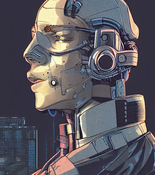 Prompt: a cyberpunk man with multiple digital patchwork faces, techwear, Industrial Scifi, detailed illustration, character portrait, by Martin Grip and Moebius