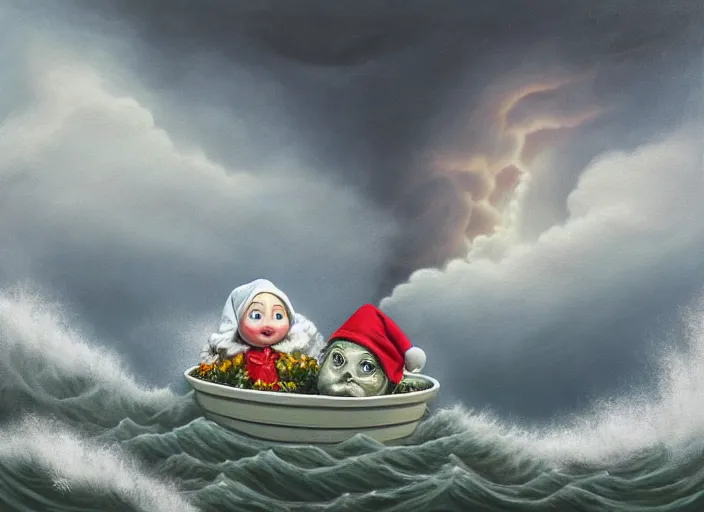 Image similar to a terrified garden gnome sailing in a bucket, background of raging ocean with huge waves on a stormy day with dramatic thunderhead clouds, an ultrafine detailed painting by mark ryden, trending on deviantart, pop surrealism, whimsical, lowbrow, rainy, perfect symmetrical face