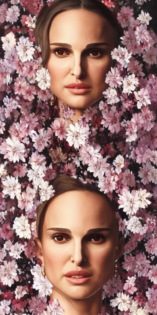 Image similar to Natalie Portman, wearing a long floral dress, very detailed portrait, ultrarealistic, dramatic lighting, electrical details, high details, 4k, 8k, best, accurate, trending on artstation, fur, artstation, photorealism, ultrarealistic, digital painting, style of Dali, Caravaggio, Boris Vallejo
