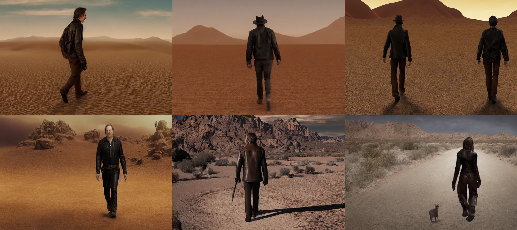 Prompt: Picture of a single wanderer in black and brown leather clothes, wandering the desert landscape, full of wonders, portrayed by Bob Odenkirk, beautiful, walking towards you, realistic, low fantasy, extremely detailed, trending on artstation, artstationHD, artstationHQ, cgsociety, HD, 8K, Cinema quality, award winning shot, cinematic, no extra characters