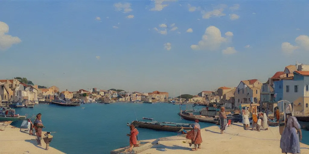 Image similar to a beautiful extremely complex painting of a mediterranean fishing village in summer by peter ilsted, whitewashed housed, tall cypress trees, blue shutters on windows, people walking down a street, fishing boats in the water, beautiful blue water, trending and featured on artstation and behance