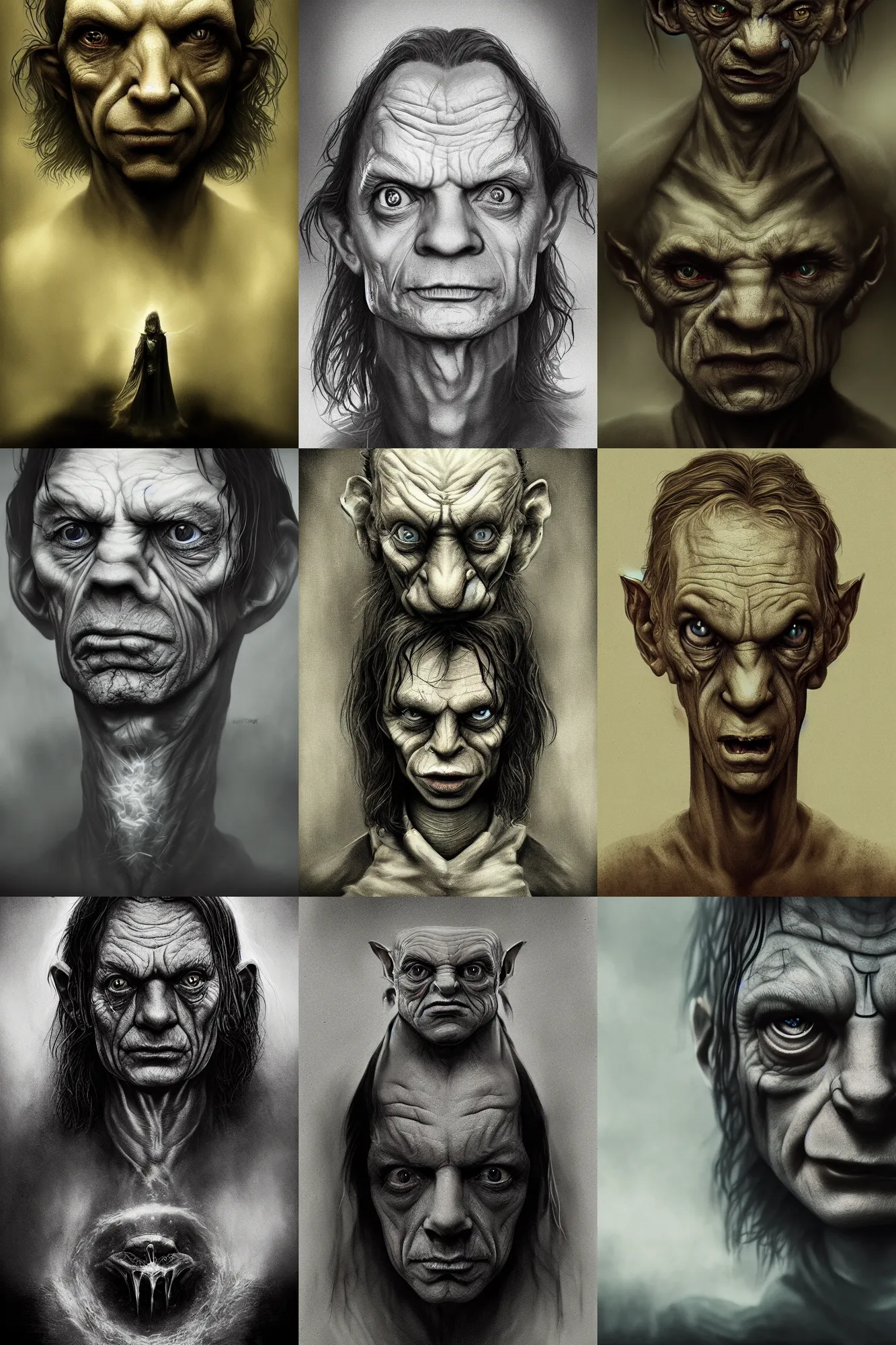 Prompt: an intricate portrait of smeagol, lord of the rings, beautiful background, by lee jeffries, trending on ArtStation