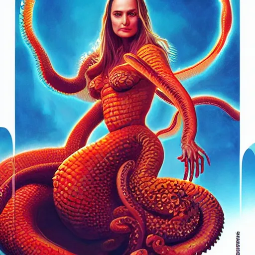 Image similar to queen of hell portrait of natalie portman, fire and flame, big long hell serpent octopus, Pixar style, by Tristan Eaton Stanley Artgerm and Wayne Barlowe and Tom Bagshaw and Boris Vallejo.