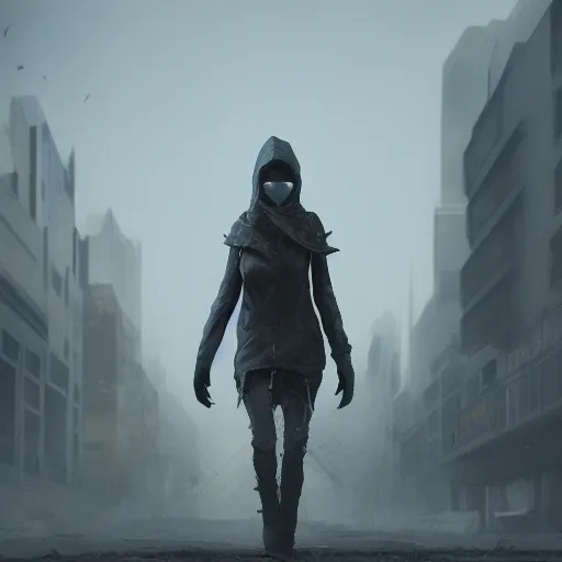 Image similar to Hooded woman walking through Rotterdam in a post-apocalyptic setting, overgrown, hyperdetailed, artstation, cgsociety, 8k