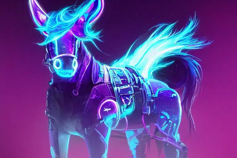 Prompt: a beautiful portrait of a cute cyberpunk horse with bioluminescent mane by sandra chevrier and greg rutkowski and wlop, purple blue color scheme, vaporware, retro, outrun, high key lighting, volumetric light, digital art, highly detailed, fine detail, intricate, ornate, complex, octane render, unreal engine, photorealistic