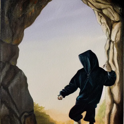 Image similar to a painting in gothic style of a guy with white hoodie pushing a big rock. modern clothes