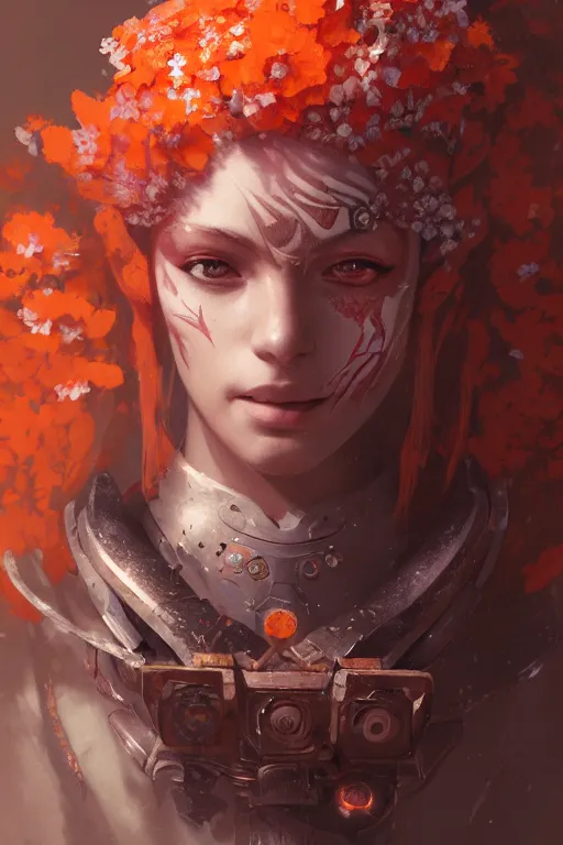 Image similar to portrait of beautiful young mainem, warhammer, japaneese style, cyberpunk armor, a lot of more scars, more and more flowers, orange head, the middle ages, highly detailed, artstation, illustration, art by greg rutkowski, 8 k quality