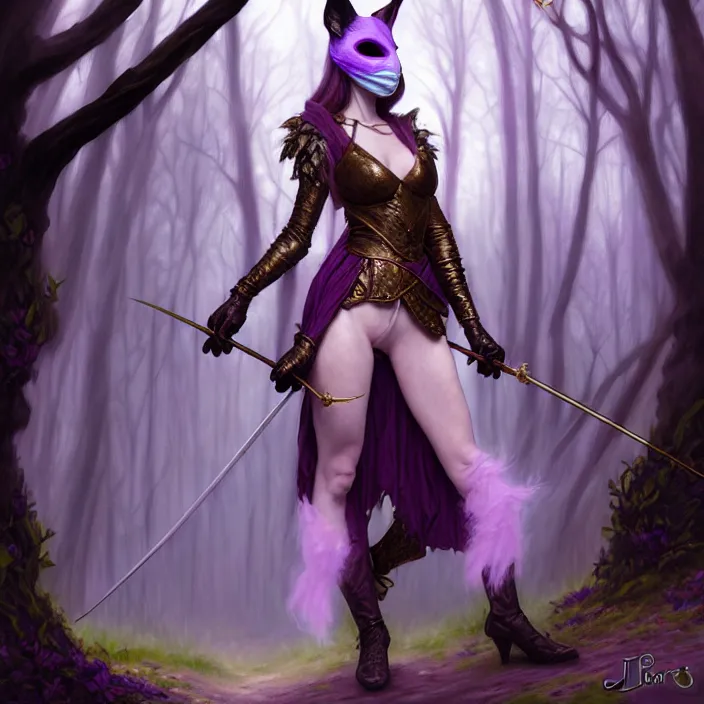 Prompt: masked d & d bard with her lilac leather armor in a forest, volumetric lighting, fantasy, intricate, elegant, highly detailed, lifelike, photorealistic, digital painting, artstation, fox ears illustration, concept art, sharp focus, by john collier and albert aublet and krenz cushart and artem demura and alphonse mucha