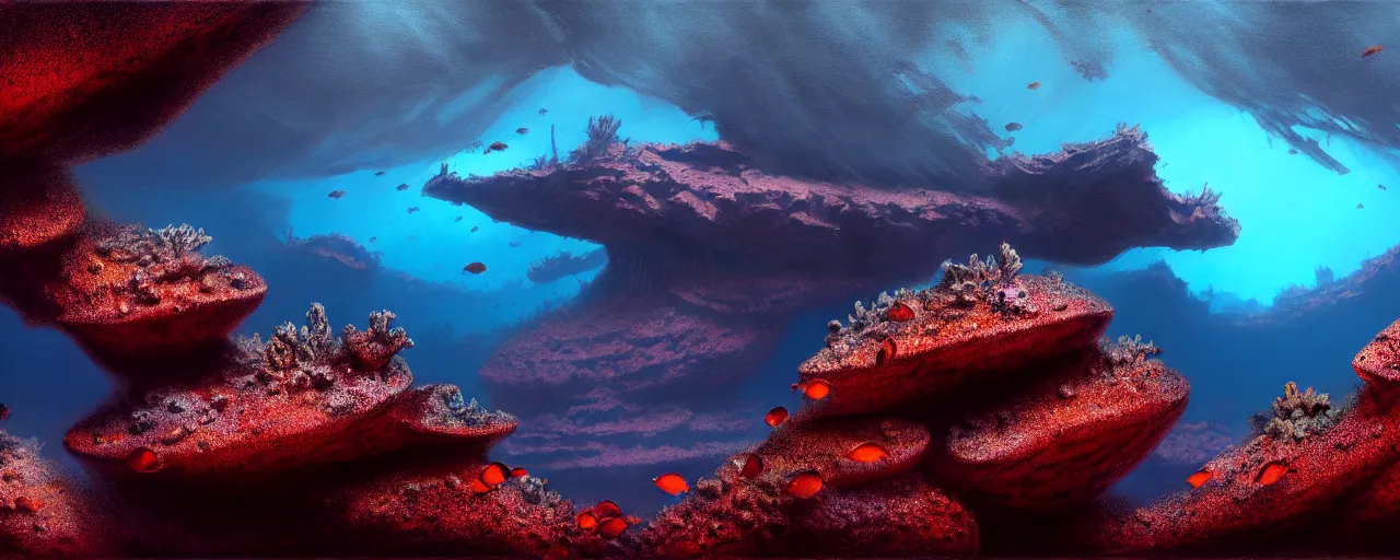 Image similar to A gorgeous detailed oil of a dark red sea covered in big blue steep rocks, a school of piranhas underwater, the further away the mistier it gets, surreal, concept art, dark aesthetic, atmospheric, moody, hyperrealism, highly detailed, masterpiece, award winning, 4k, unreal engine