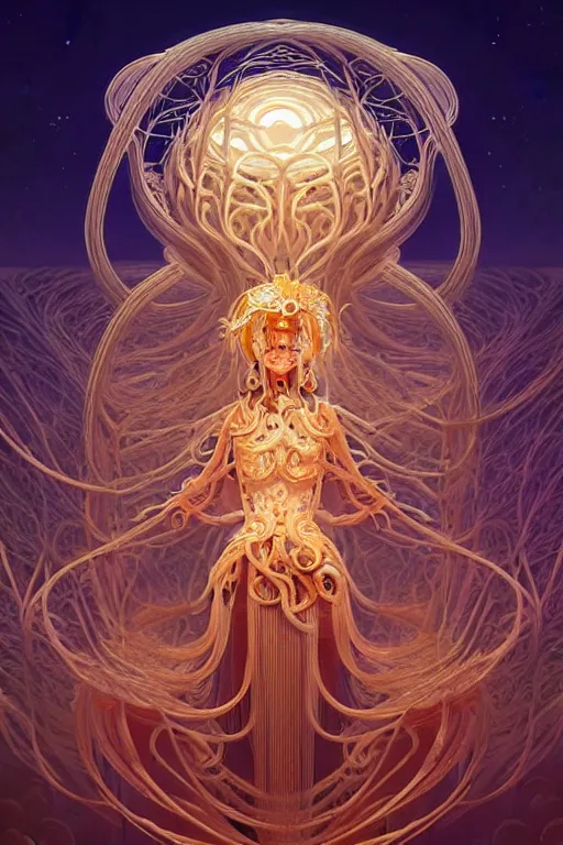 Image similar to beautiful flying spaghetti monster goddess, ethereal art deco, fantasy, intricate art deco pasta designs, elegant, highly detailed fractals, sharp focus, art by artgerm and beeple and greg rutkowski and wlop