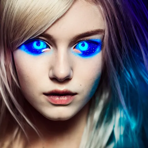 Image similar to A gorgeous blonde with glowing blue eyes, in love, grungy, unkept hair, glowing eyes, modelsociety, radiant skin, huge anime eyes, RTX on, bright on black, dramatic, studio lighting, perfect face, intricate, Sony a7R IV, symmetric balance, polarizing filter, Photolab, Lightroom, 4K, Dolby Vision, Photography Award