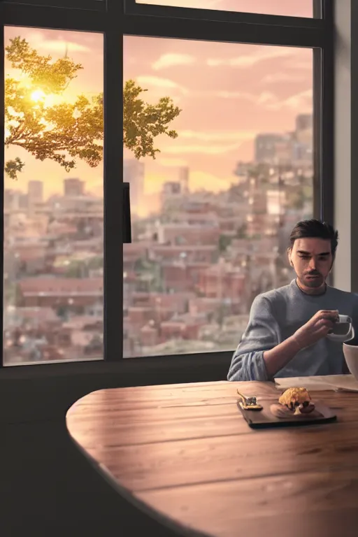 Image similar to a man sitting on a café table mext to a window and holding a cup of coffee at sunset, anime style, Pixar style, black hair, 4K, cartoon, concept art, octane render, unreal engine 5, path tracing, complementary colours, serene scene, warm, cute, natural lighting, high quality, highly detailed, high coherence, defined face, five fingers, anatomically correct, soft lighting, close view