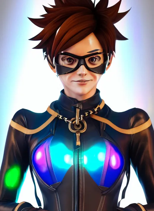 Image similar to portrait bust digital artwork of tracer overwatch, wearing iridescent rainbow latex and leather straps catsuit outfit, 4 k, expressive happy smug expression, makeup, in style of mark arian, angel wings, wearing detailed leather collar, chains, black leather harness, detailed face and eyes,
