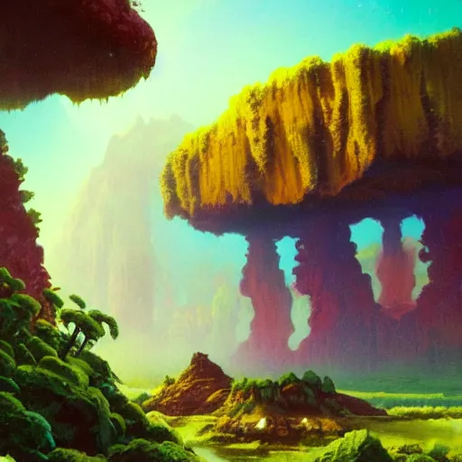 Image similar to illustration of a lush natural scene on an alien planet by paul lehr. beautiful landscape. weird vegetation. cliffs and water.