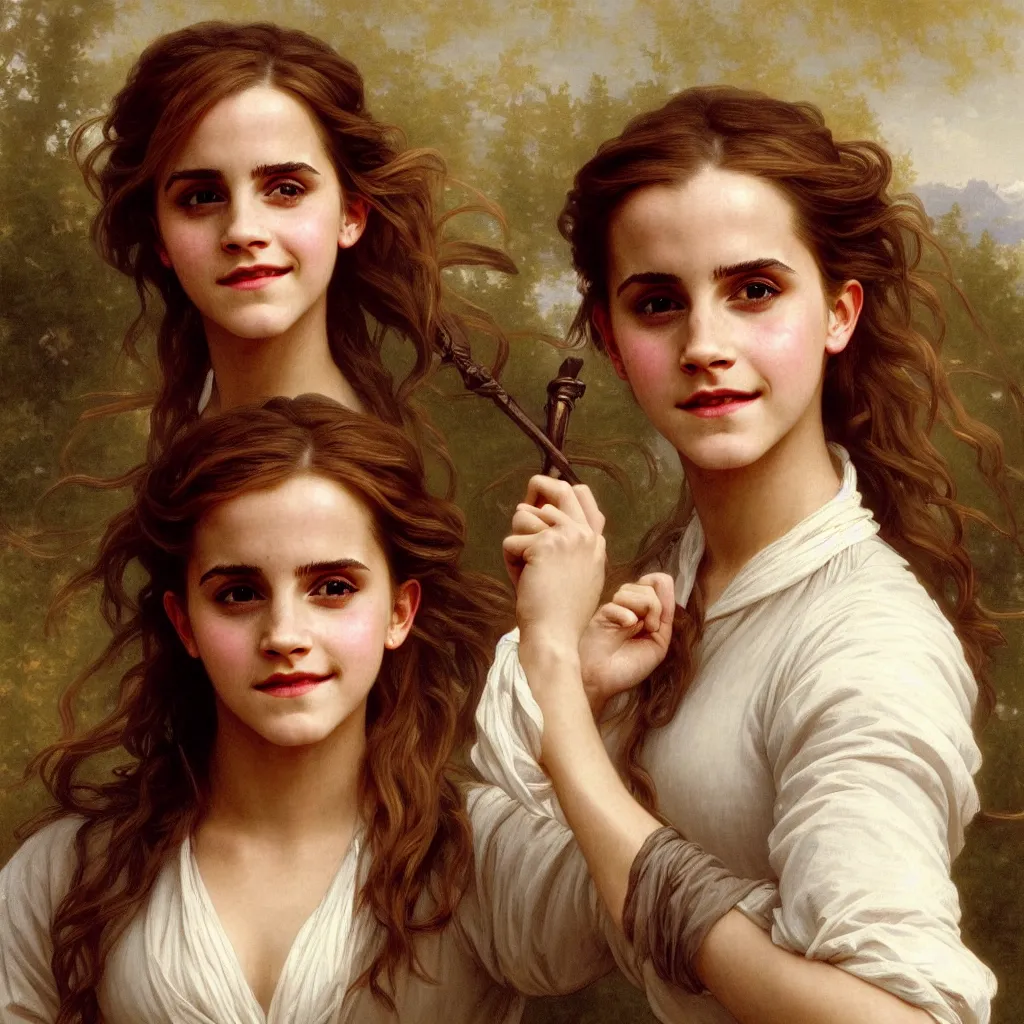 Prompt: Painting of Emma Watson as Hermione Granger. Wearing Hogwarts!!! robes!!!. Smiling. Happy. Cheerful. Art by william adolphe bouguereau. During golden hour. Extremely detailed. Beautiful. 4K. Award winning.