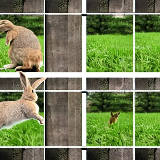 Image similar to a rabbit jumping up over a fence, shown as a film strip showing 9 sequential stills starting from time 0 : 0 0 from the video clip in a grid