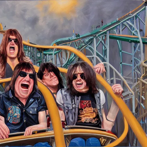 Prompt: the ramones having fun on a rollercoaster, hyper detailed, 8 k, oil painting, rule of thirds