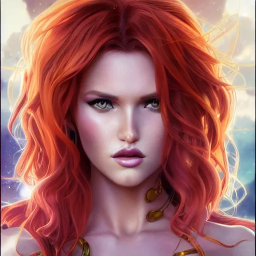 Image similar to ultra realistic illustration, bella thorne as starfire anime, intricate, elegant, highly detailed, digital painting, artstation, concept art, smooth, sharp focus, illustration, art by artgerm and greg rutkowski and alphonse mucha and wlop