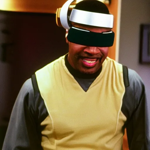 Image similar to Geordi LaForge wearing visor and a colander and random kitchen tools on his head