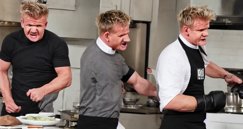 Image similar to photo of angry furious Gordon Ramsay punching Gordon Ramsay at the kitchen