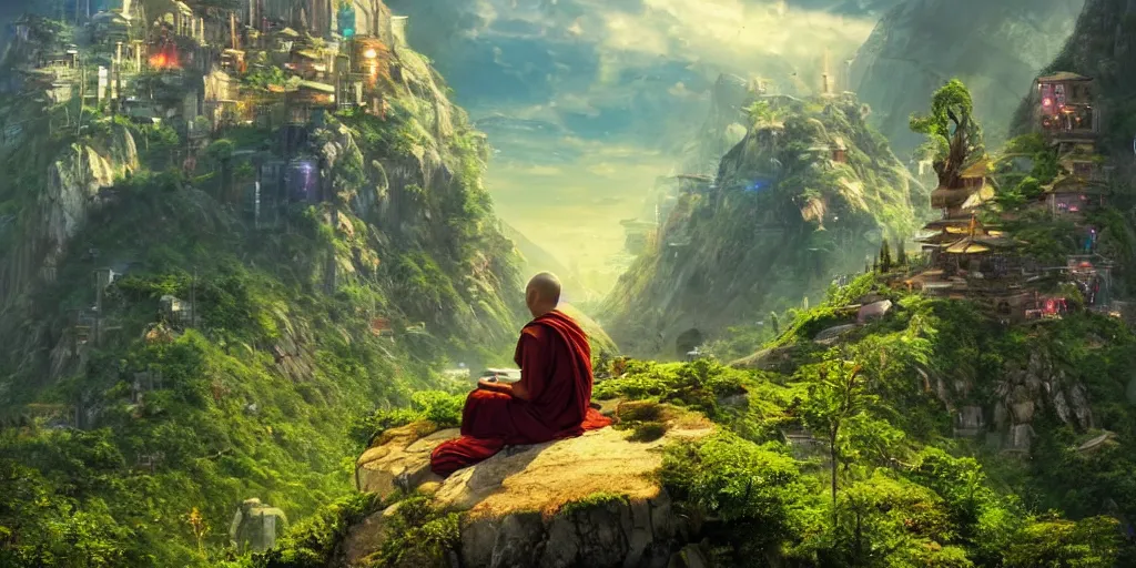 Image similar to a cinematic composition where a monk sits atop a mountain radiating his transformative energy to shift the cyberpunk civilization in the valley to a lush green overgrowing solarpunk civilization that is on top of the mountain